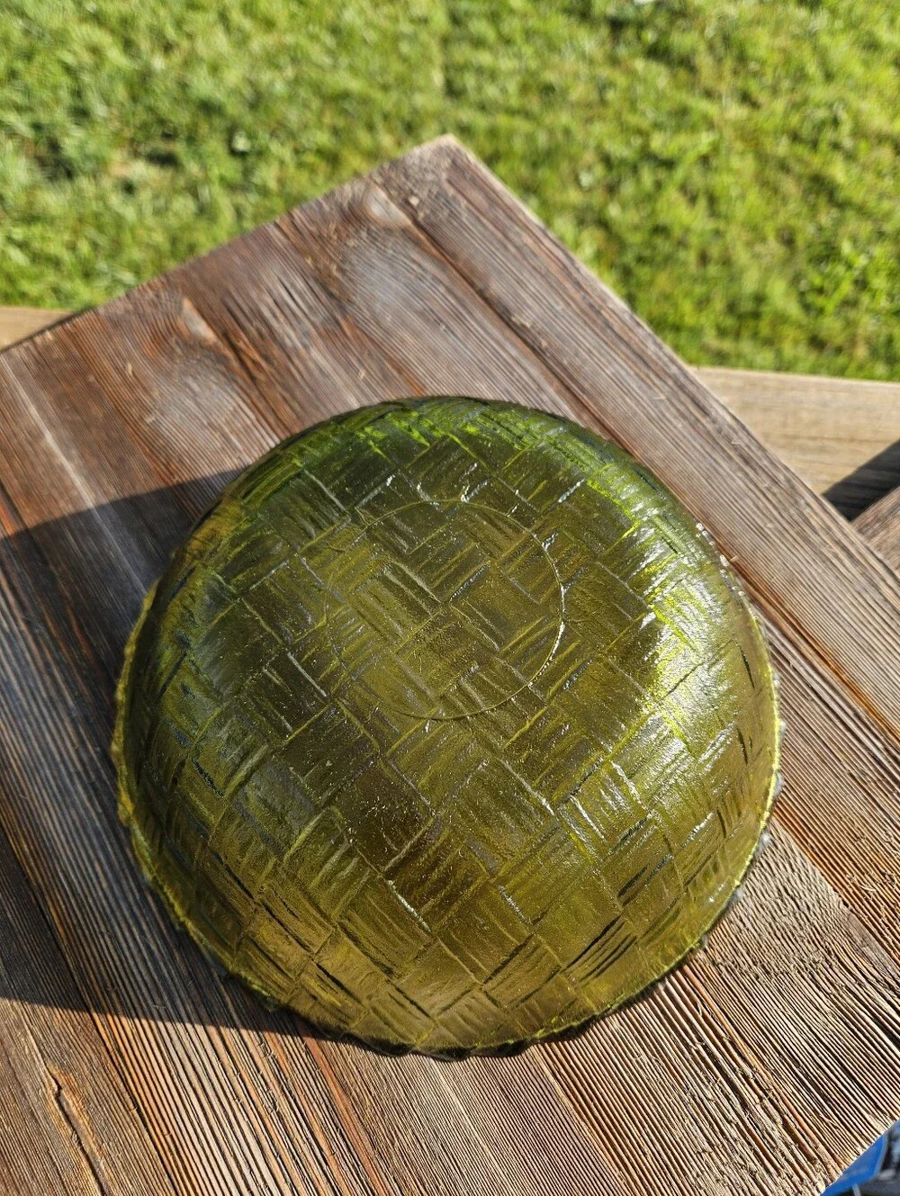 Green glass bowl with textured woven pattern  #glassware mid-century modern